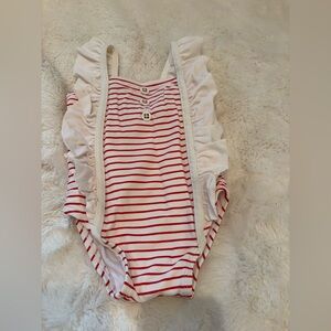 Janie and Jack Red & White Striped Ruffle One-Piece Swimsuit